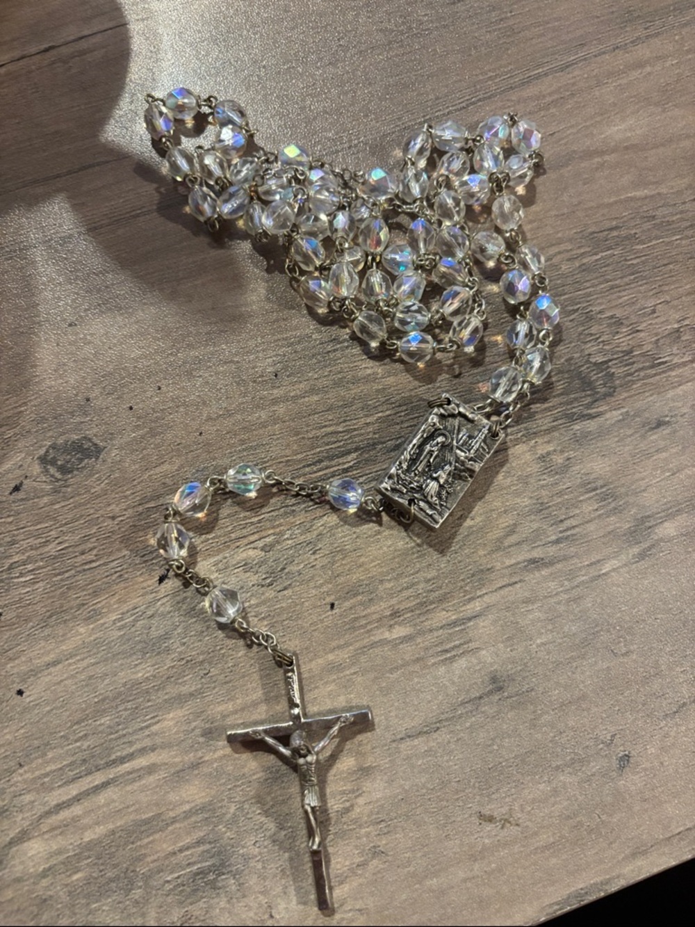 VTG Lourdes Rosary Italy 22” Faceted AB Glass Beads Holy Water Reliquary